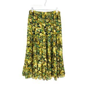 Preswick & Moore Midi Skirt Womens Sz L A-Line Tiered Yellow Floral Print Boho